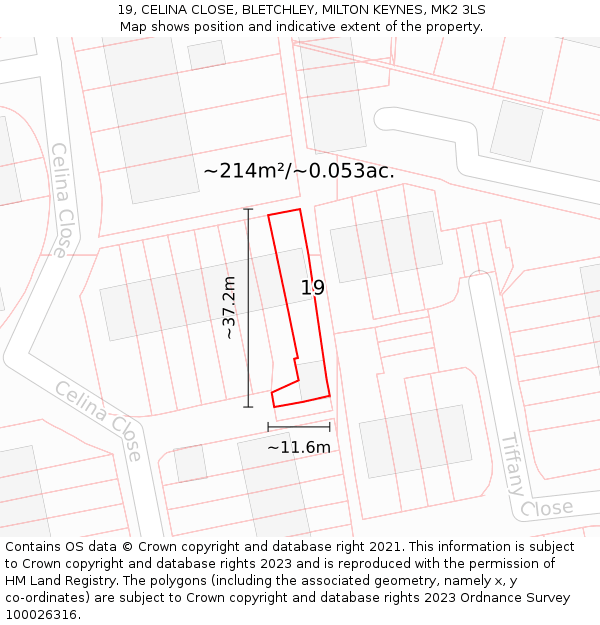19, CELINA CLOSE, BLETCHLEY, MILTON KEYNES, MK2 3LS: Plot and title map