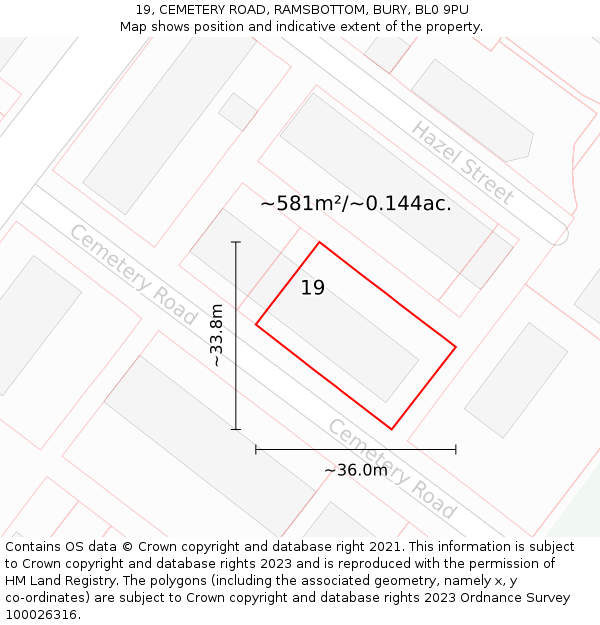 19, CEMETERY ROAD, RAMSBOTTOM, BURY, BL0 9PU: Plot and title map