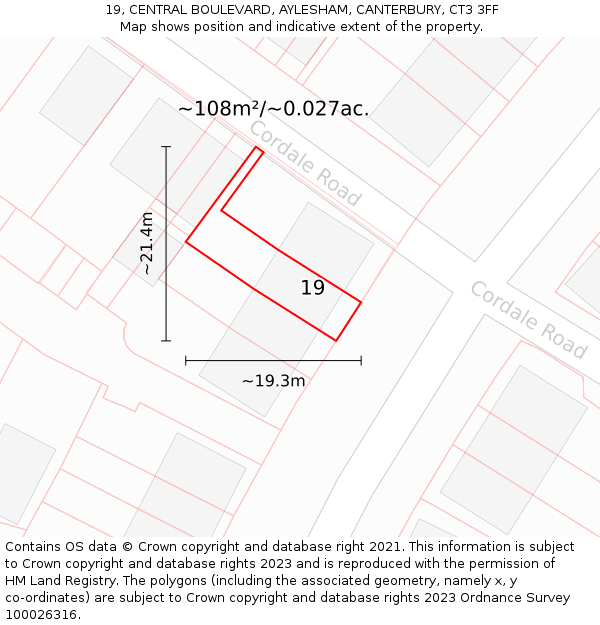 19, CENTRAL BOULEVARD, AYLESHAM, CANTERBURY, CT3 3FF: Plot and title map