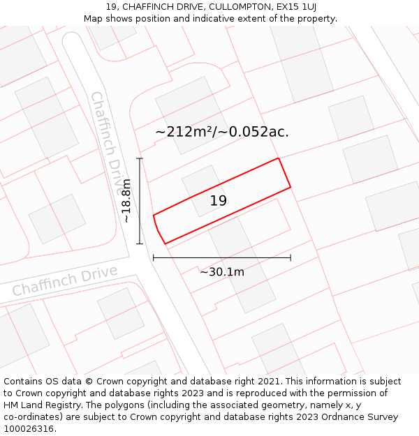 19, CHAFFINCH DRIVE, CULLOMPTON, EX15 1UJ: Plot and title map