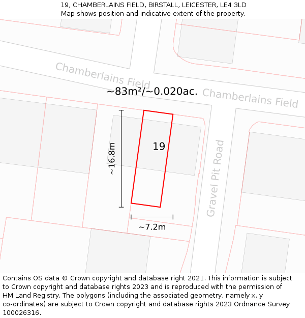 19, CHAMBERLAINS FIELD, BIRSTALL, LEICESTER, LE4 3LD: Plot and title map
