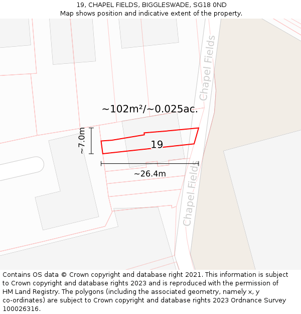 19, CHAPEL FIELDS, BIGGLESWADE, SG18 0ND: Plot and title map