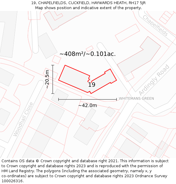 19, CHAPELFIELDS, CUCKFIELD, HAYWARDS HEATH, RH17 5JR: Plot and title map
