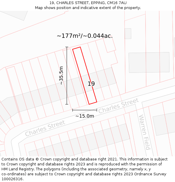 19, CHARLES STREET, EPPING, CM16 7AU: Plot and title map