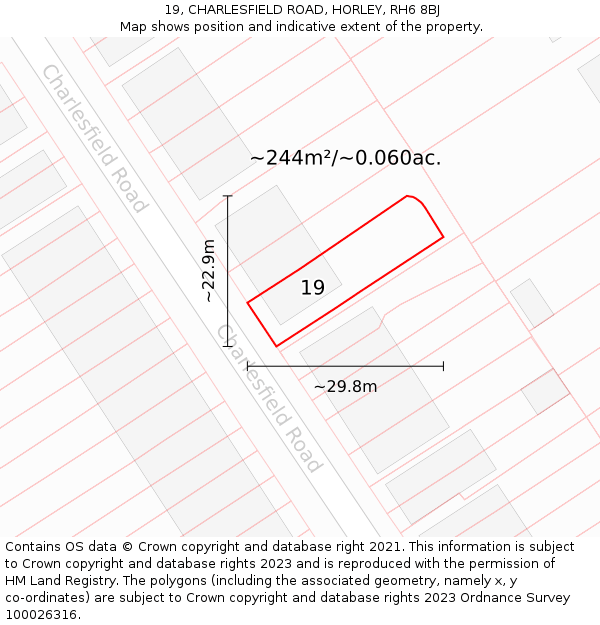 19, CHARLESFIELD ROAD, HORLEY, RH6 8BJ: Plot and title map
