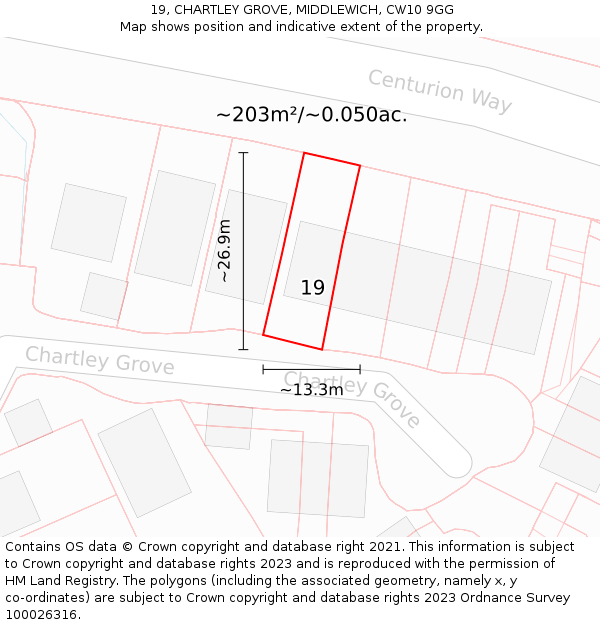 19, CHARTLEY GROVE, MIDDLEWICH, CW10 9GG: Plot and title map