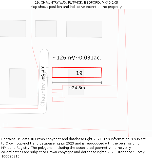 19, CHAUNTRY WAY, FLITWICK, BEDFORD, MK45 1XS: Plot and title map