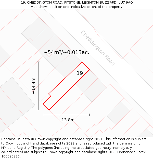 19, CHEDDINGTON ROAD, PITSTONE, LEIGHTON BUZZARD, LU7 9AQ: Plot and title map