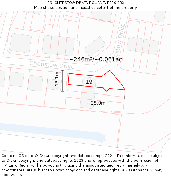 19, CHEPSTOW DRIVE, BOURNE, PE10 0RX: Plot and title map