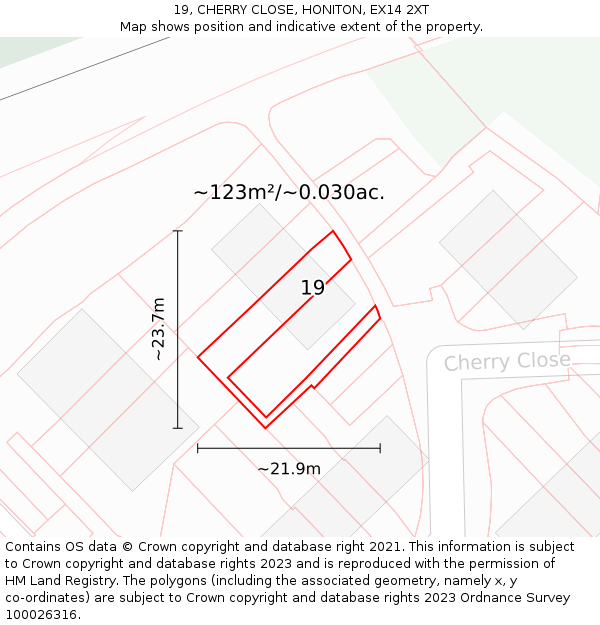 19, CHERRY CLOSE, HONITON, EX14 2XT: Plot and title map