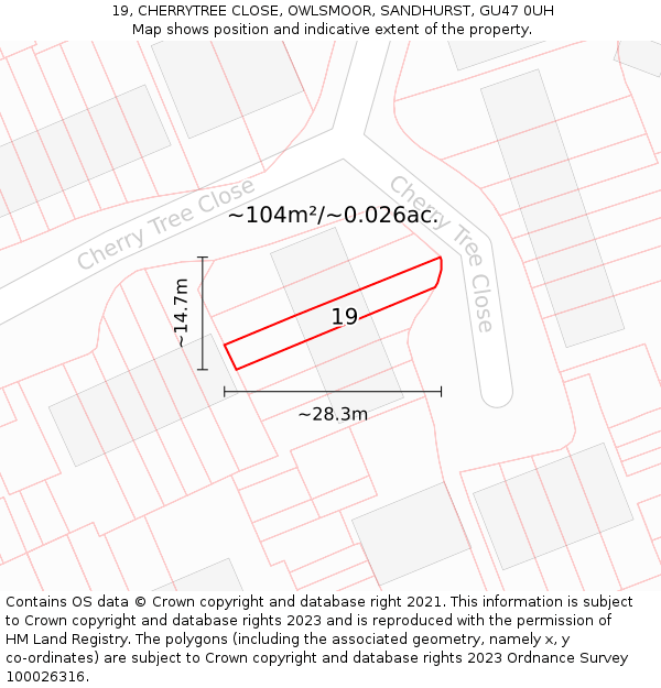 19, CHERRYTREE CLOSE, OWLSMOOR, SANDHURST, GU47 0UH: Plot and title map