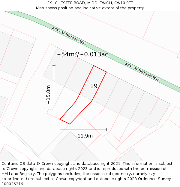 19, CHESTER ROAD, MIDDLEWICH, CW10 9ET: Plot and title map