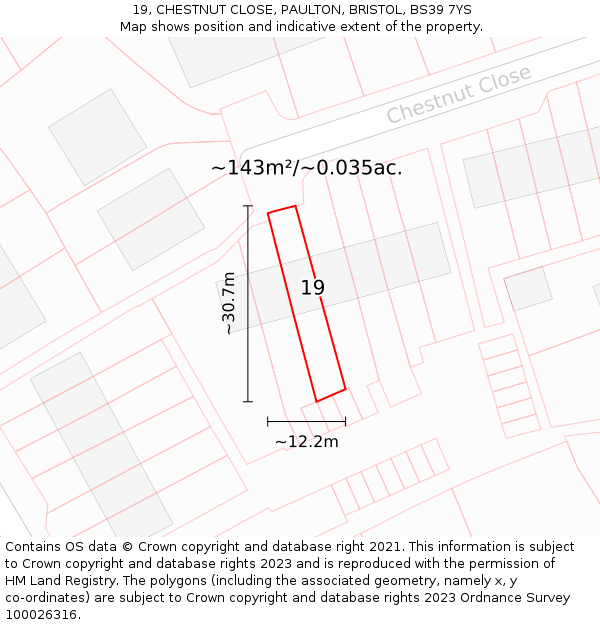 19, CHESTNUT CLOSE, PAULTON, BRISTOL, BS39 7YS: Plot and title map