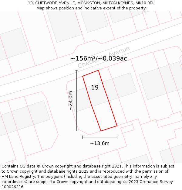 19, CHETWODE AVENUE, MONKSTON, MILTON KEYNES, MK10 9EH: Plot and title map