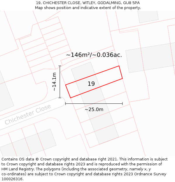 19, CHICHESTER CLOSE, WITLEY, GODALMING, GU8 5PA: Plot and title map