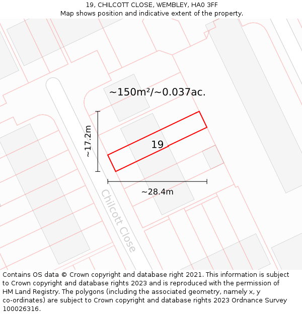 19, CHILCOTT CLOSE, WEMBLEY, HA0 3FF: Plot and title map