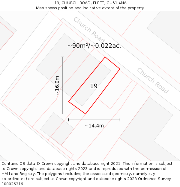 19, CHURCH ROAD, FLEET, GU51 4NA: Plot and title map
