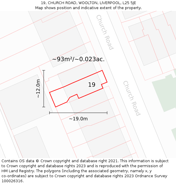 19, CHURCH ROAD, WOOLTON, LIVERPOOL, L25 5JE: Plot and title map