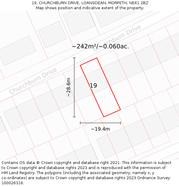 19, CHURCHBURN DRIVE, LOANSDEAN, MORPETH, NE61 2BZ: Plot and title map