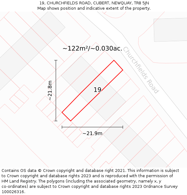 19, CHURCHFIELDS ROAD, CUBERT, NEWQUAY, TR8 5JN: Plot and title map