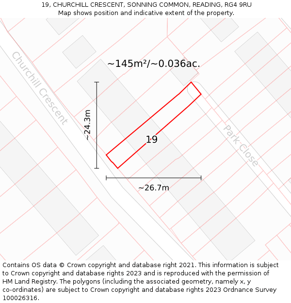 19, CHURCHILL CRESCENT, SONNING COMMON, READING, RG4 9RU: Plot and title map