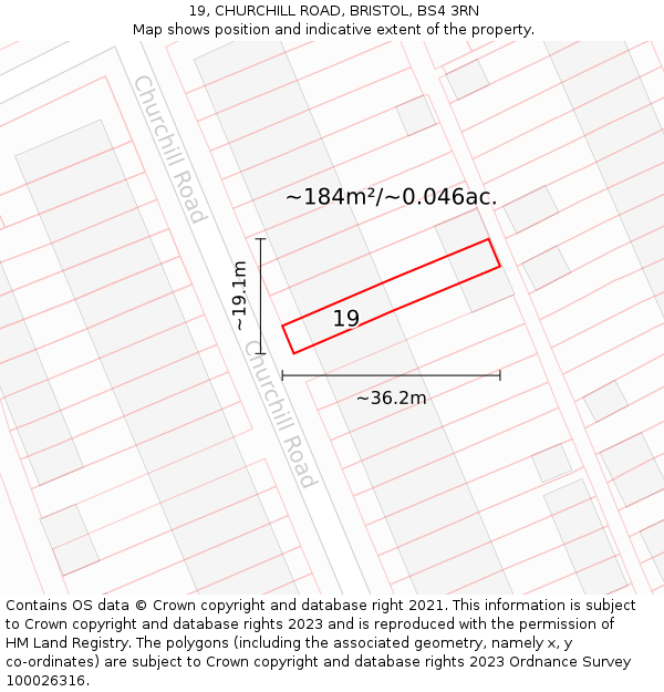 19, CHURCHILL ROAD, BRISTOL, BS4 3RN: Plot and title map