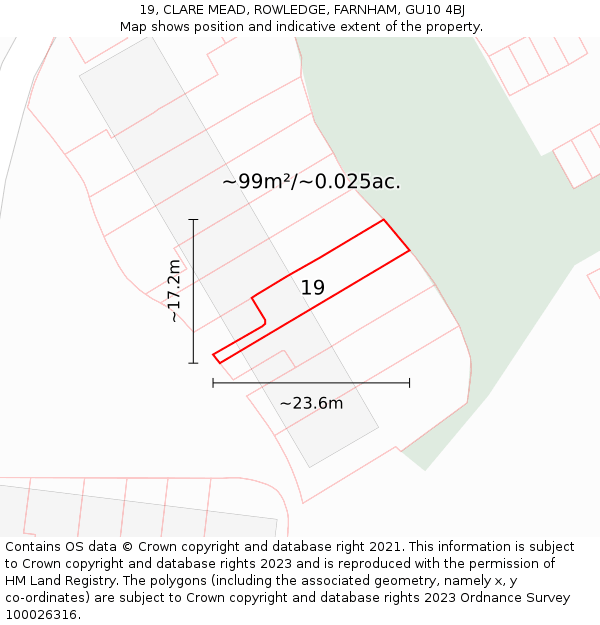 19, CLARE MEAD, ROWLEDGE, FARNHAM, GU10 4BJ: Plot and title map
