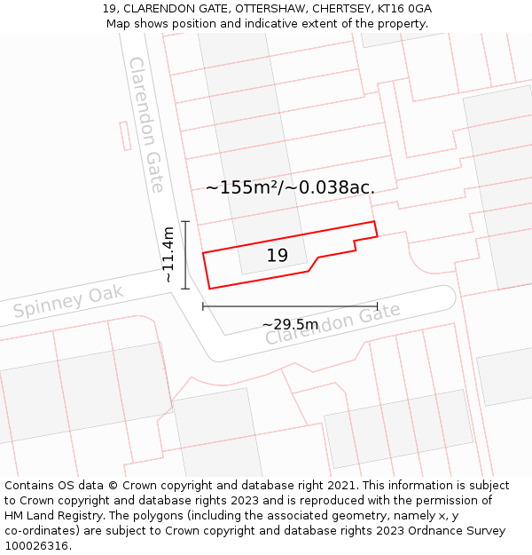 19, CLARENDON GATE, OTTERSHAW, CHERTSEY, KT16 0GA: Plot and title map