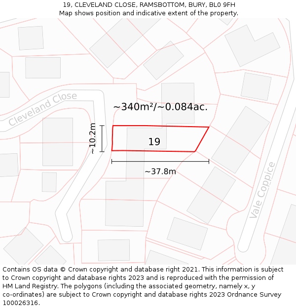 19, CLEVELAND CLOSE, RAMSBOTTOM, BURY, BL0 9FH: Plot and title map