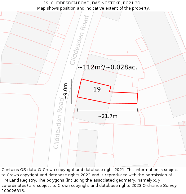 19, CLIDDESDEN ROAD, BASINGSTOKE, RG21 3DU: Plot and title map