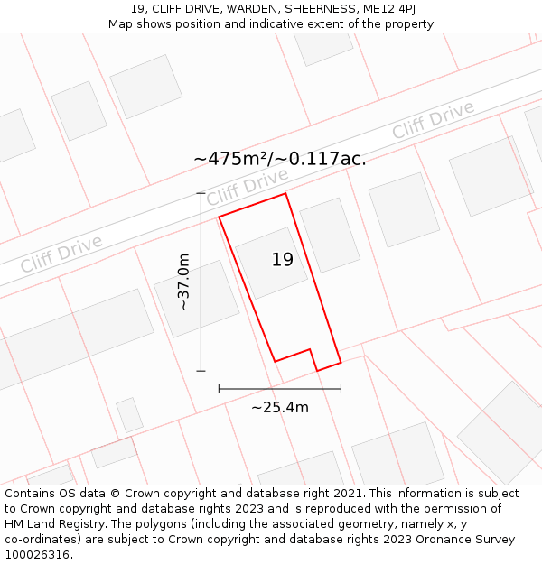 19, CLIFF DRIVE, WARDEN, SHEERNESS, ME12 4PJ: Plot and title map