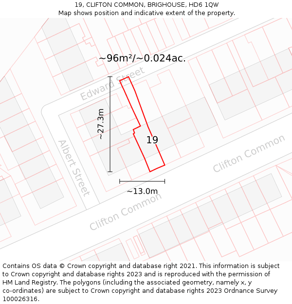 19, CLIFTON COMMON, BRIGHOUSE, HD6 1QW: Plot and title map