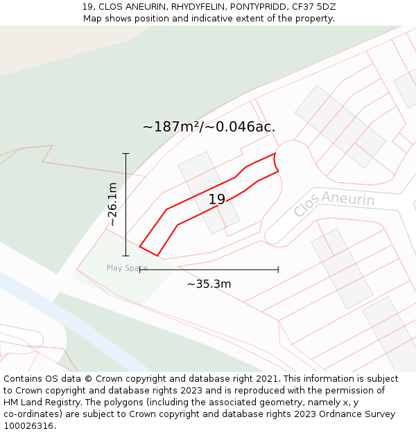 19, CLOS ANEURIN, RHYDYFELIN, PONTYPRIDD, CF37 5DZ: Plot and title map