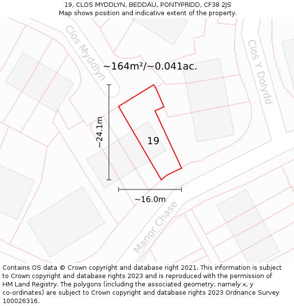 19, CLOS MYDDLYN, BEDDAU, PONTYPRIDD, CF38 2JS: Plot and title map