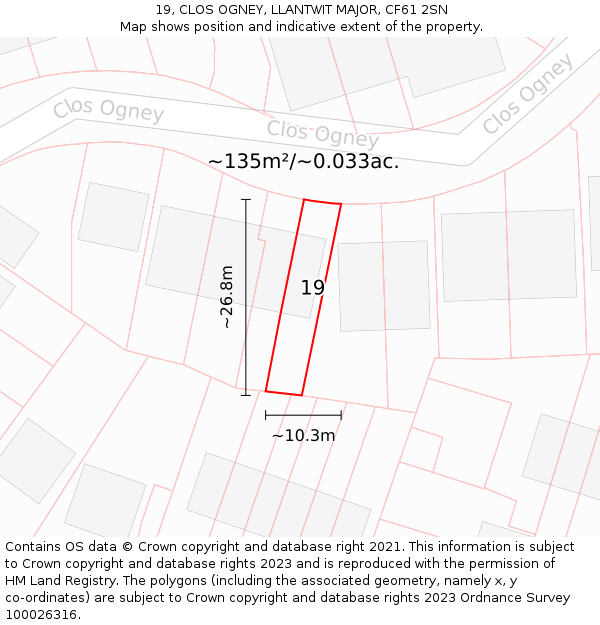 19, CLOS OGNEY, LLANTWIT MAJOR, CF61 2SN: Plot and title map