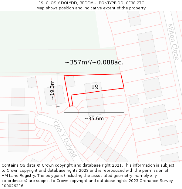 19, CLOS Y DOLYDD, BEDDAU, PONTYPRIDD, CF38 2TG: Plot and title map