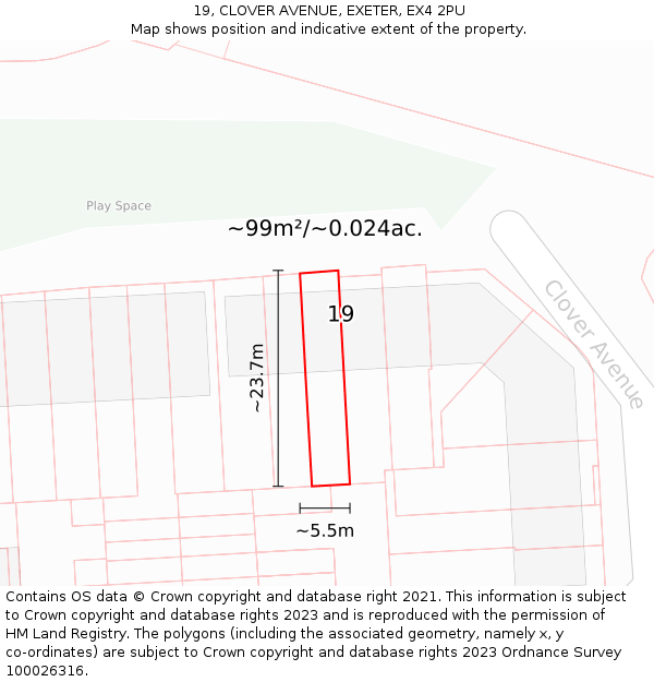 19, CLOVER AVENUE, EXETER, EX4 2PU: Plot and title map