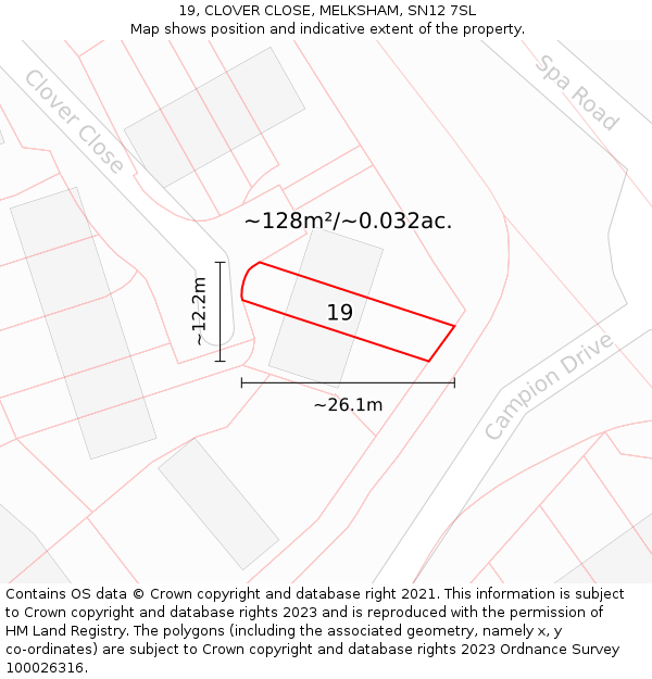 19, CLOVER CLOSE, MELKSHAM, SN12 7SL: Plot and title map