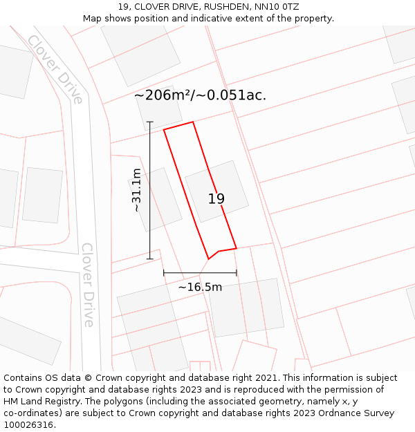 19, CLOVER DRIVE, RUSHDEN, NN10 0TZ: Plot and title map
