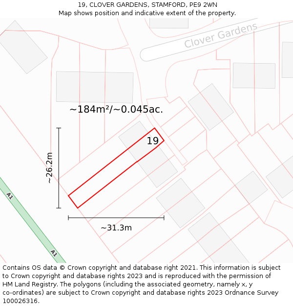 19, CLOVER GARDENS, STAMFORD, PE9 2WN: Plot and title map