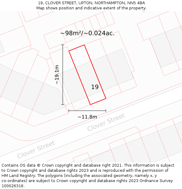19, CLOVER STREET, UPTON, NORTHAMPTON, NN5 4BA: Plot and title map