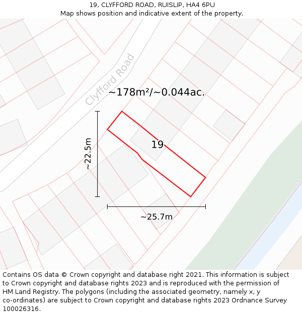 19, CLYFFORD ROAD, RUISLIP, HA4 6PU: Plot and title map