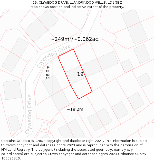 19, CLYWEDOG DRIVE, LLANDRINDOD WELLS, LD1 5BZ: Plot and title map
