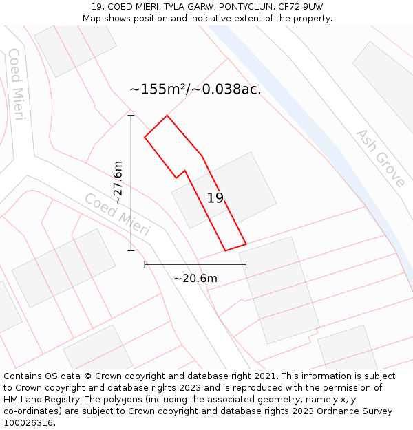 19, COED MIERI, TYLA GARW, PONTYCLUN, CF72 9UW: Plot and title map