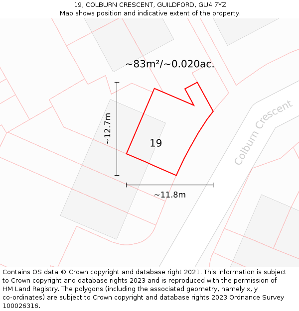 19, COLBURN CRESCENT, GUILDFORD, GU4 7YZ: Plot and title map