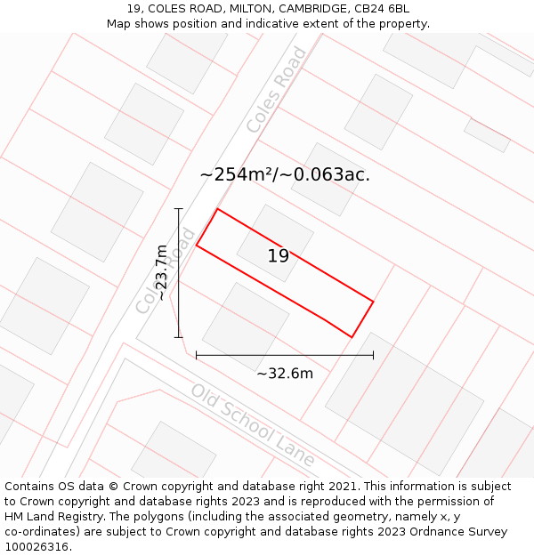 19, COLES ROAD, MILTON, CAMBRIDGE, CB24 6BL: Plot and title map