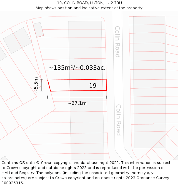 19, COLIN ROAD, LUTON, LU2 7RU: Plot and title map