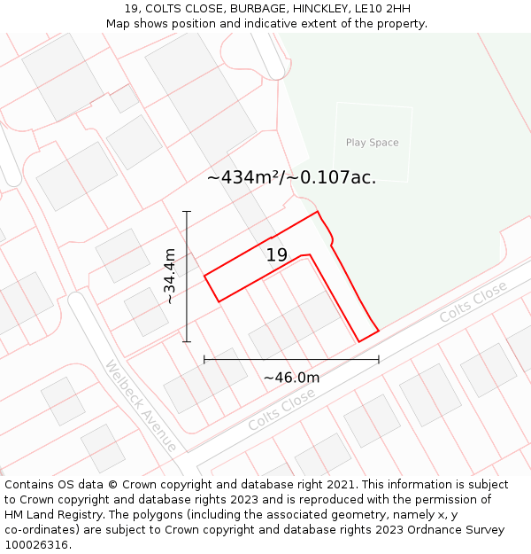 19, COLTS CLOSE, BURBAGE, HINCKLEY, LE10 2HH: Plot and title map