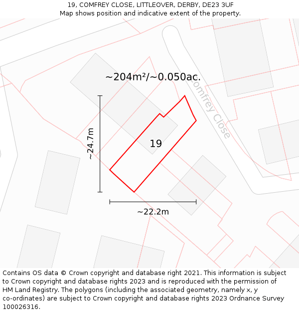 19, COMFREY CLOSE, LITTLEOVER, DERBY, DE23 3UF: Plot and title map