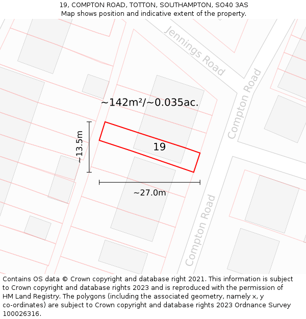 19, COMPTON ROAD, TOTTON, SOUTHAMPTON, SO40 3AS: Plot and title map